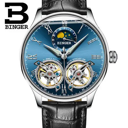 Двойной Tourbillon, швейцарские мужские часы, BINGER, оригинальные автоматические часы, мужские Модные механические наручные часы, кожаные часы - Цвет: Silv blue B8606A bla