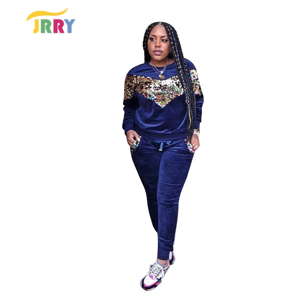 

JRRY Sexy Two Pieces Women Jumpsuit Long Sleeve Sequined Top Jumpsuit Sashes Packets Long Pants Jumpsuits