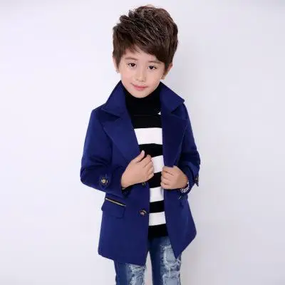 Шерстяные пальто для мальчиков; одежда для малышей; коллекция года; модная Осенняя хлопковая верхняя одежда для мальчиков; Детская шерстяная Повседневная однобортная одежда для детей; 6wb016 - Цвет: Синий