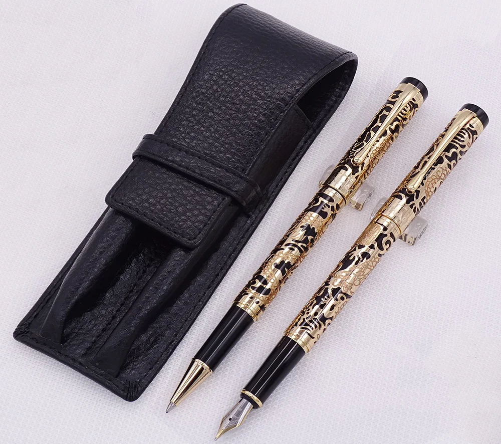 Jinhao 5000 Black Golden Fountain Pen & Roller Pen with Real Leather Pencil Case Bag Washed Cowhide Pen Case Holder Writing Set 2023 new arrivel embossing retro technology belts for men genuine cowhide leather belt with v dragon pattern automatic buckle