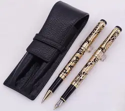 Jinhao 5000 Черный Золотой перьевая ручка и роликовая ручка с реальным кожаный пенал сумка промывают коровьей пенал для ручек набор для письма