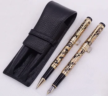 Jinhao 5000 Black Golden Fountain Pen & Roller Pen with Real Leather Pencil Case Bag Washed Cowhide Pen Case Holder Writing Set luxury jinhao roller ball pen hollow steel golden dragon and phoenix married couple gift