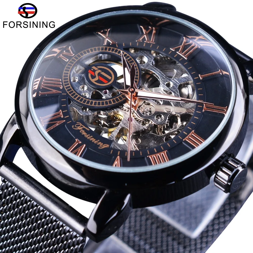 Forsining 2017 Fashion Black Stainless Steel Street Series Open Work Skeleton Mens Mechanical Wrist Watch Top Brand Luxury Clock traditional chinese desk calendar office tabletop standing planner desktop decor business office work clock calendar