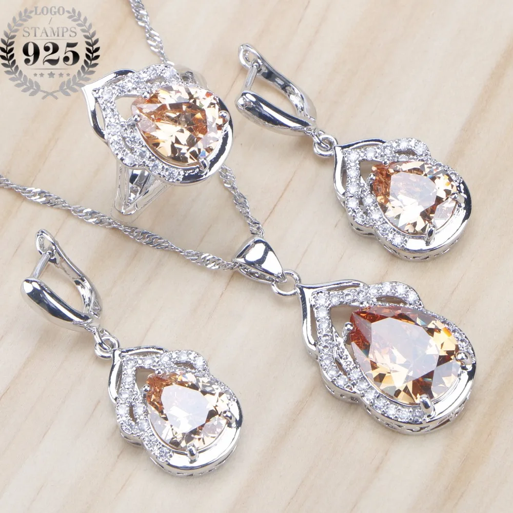 925 Sterling Silver Bridal Jewelry Sets Champagne Zirconia Earrings For