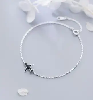 

100% Real. 925 Sterling Silver Fine Jewelry Black Enamel Airplane plane chain Bracelet LS758