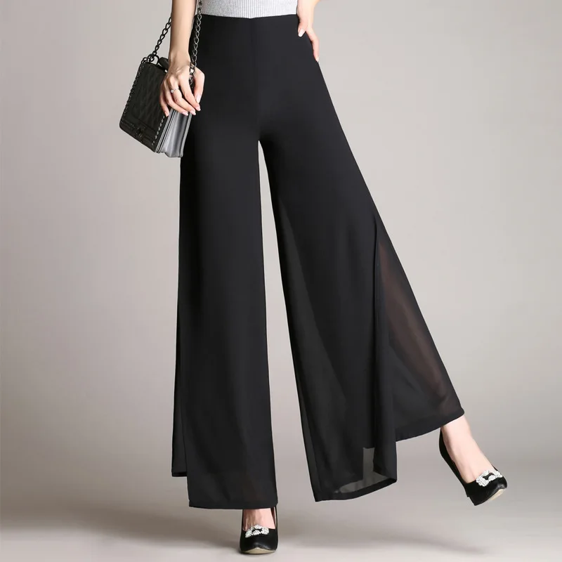 Горячая Распродажа, летние новые женские широкие штаны, женские двухслойные шифоновые штаны с высокой талией, свободные черные элегантные танцевальные брюки