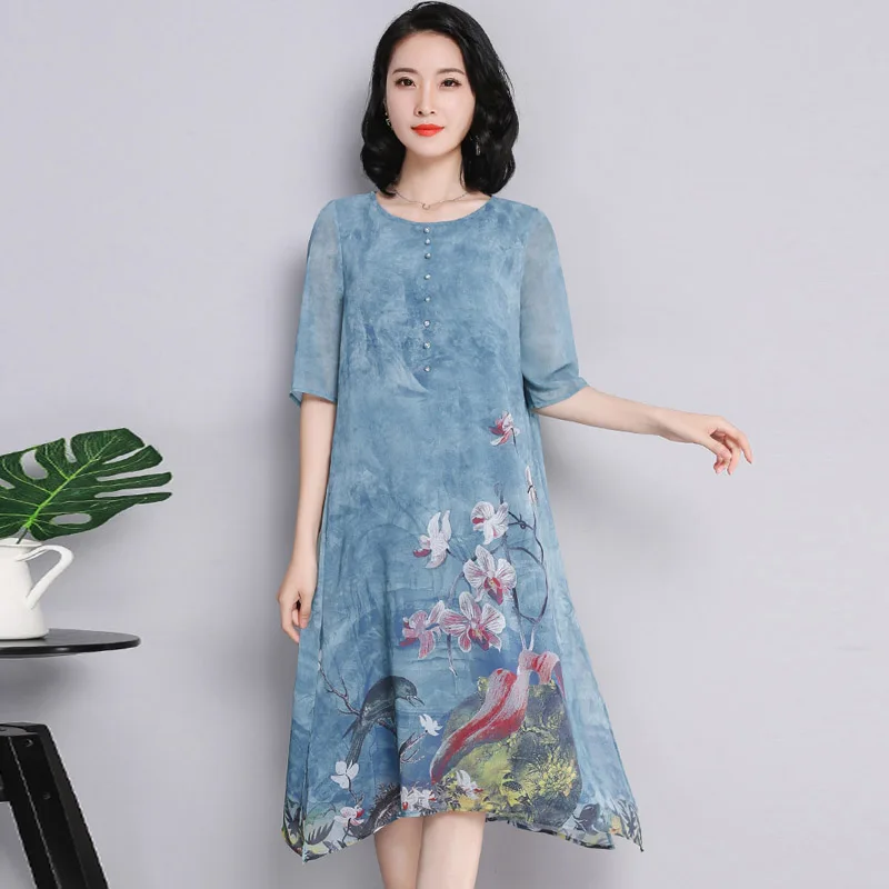 2019 المرأة الصيف الحرير طباعة فساتين L-5XL كبير حجم الأزياء ثوب أنيق فضفاض عارضة س الرقبة نصف كم الإناث فساتين