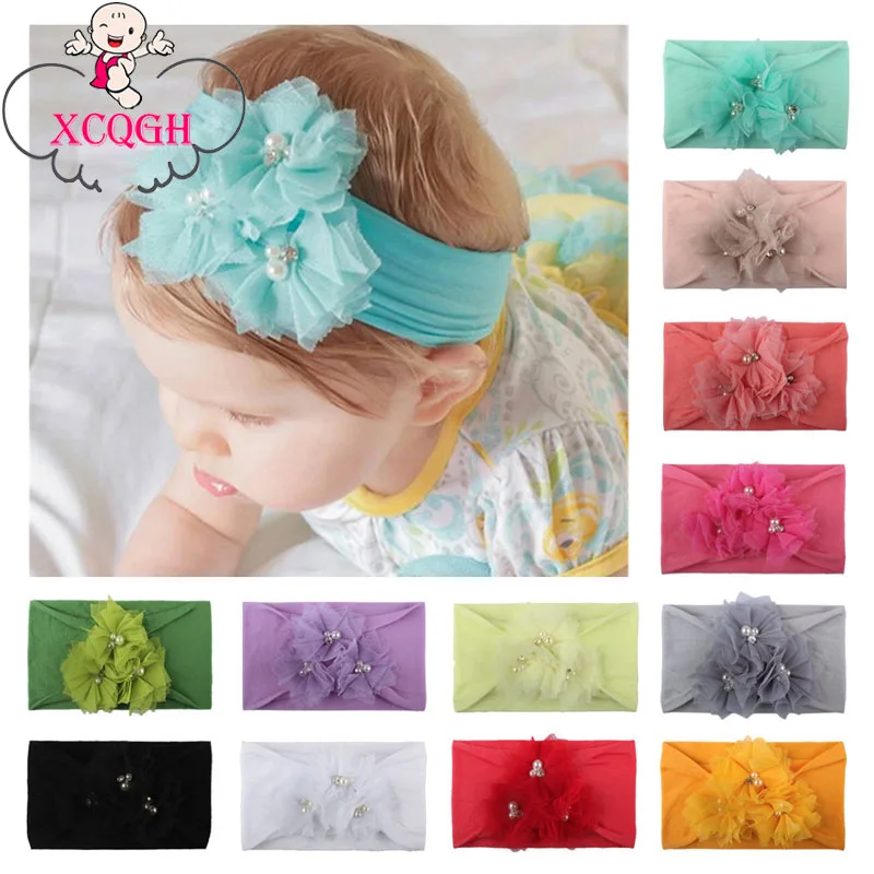 

Soft Baby Girl Elastic Hairband Beads Chiffon Flower Hair Accessories Newborn Girls Headbands Toddler Baby Hair Band