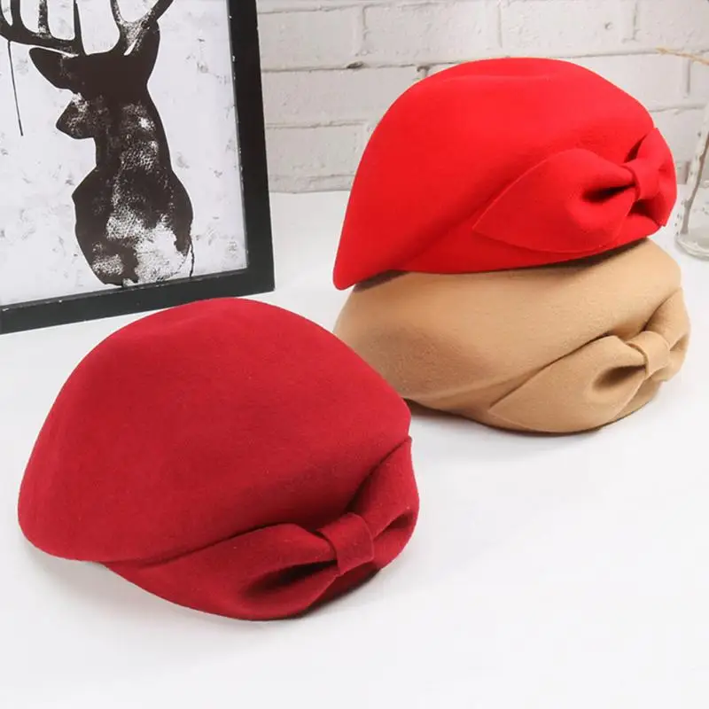 

Elegant Lady Solid Color Retro Beanie Vintage Fashion Elegant Bowknot Beret Woolen Hat Winter Autumn Warm Beret Red/Black/Camel