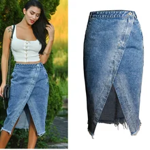 Джинсовая юбка с потертым краем из хлопка, ассиметричный, с высокой талией, облегающая юбка средней длины. Средняя длина бедра юбка с запахом 1 цвет 5