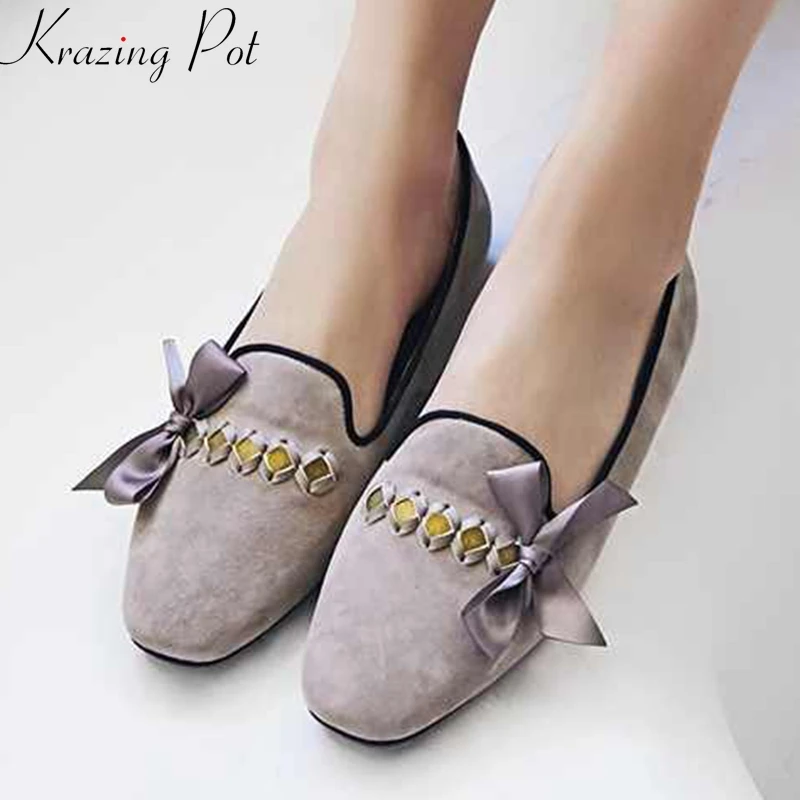 

Krazing Pot Autumn sheep suede butterfly-knot princess style flats slip on loafers round toe fashion metal fasteners shoes L0f1