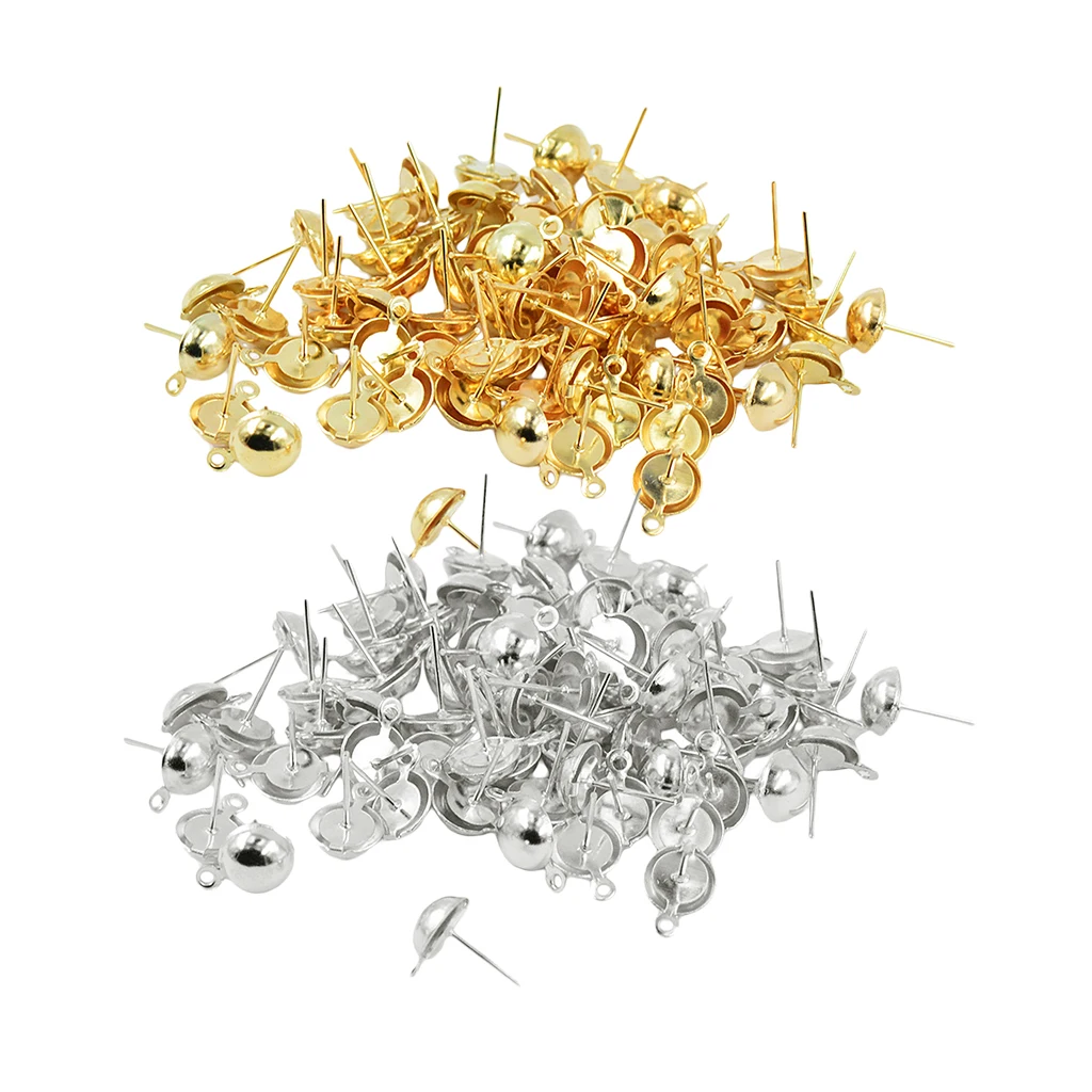 100 Pieces 8 mm Half Ball Earring Ear Stud Pin with 1 mm Closed Loop DIY Earring Findings Making 14 X12 Mm