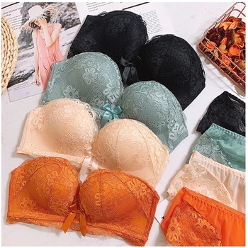 

2019 New Women Sexy Lingerie Lace Seamless Bra+Back Hollow Out Briefs Panties Bra Set bow Underwear small thick Intimate