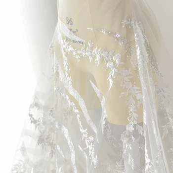 

New arrival 130cm*1meter wave sequin beaded embroidery lace fabrics high-end wedding dress decoration mesh fabric