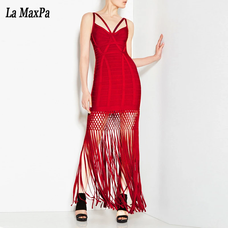 

2017 High Quality Sexy Women Summer Tassel Bandage Dress Sleeveless red black Dress Celebrity Evening Party Dresses Vestidos