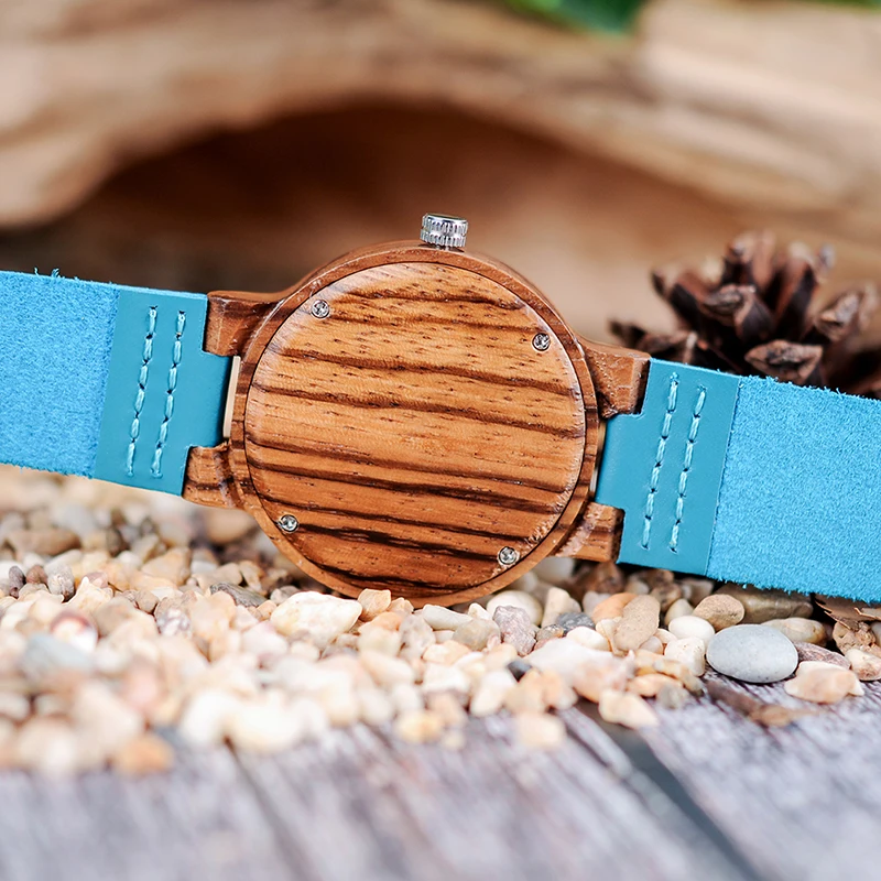 Zebrawood BOBO BIRD Couples Watch Blue Leather Belt Crafted Japan Movement Watches Men