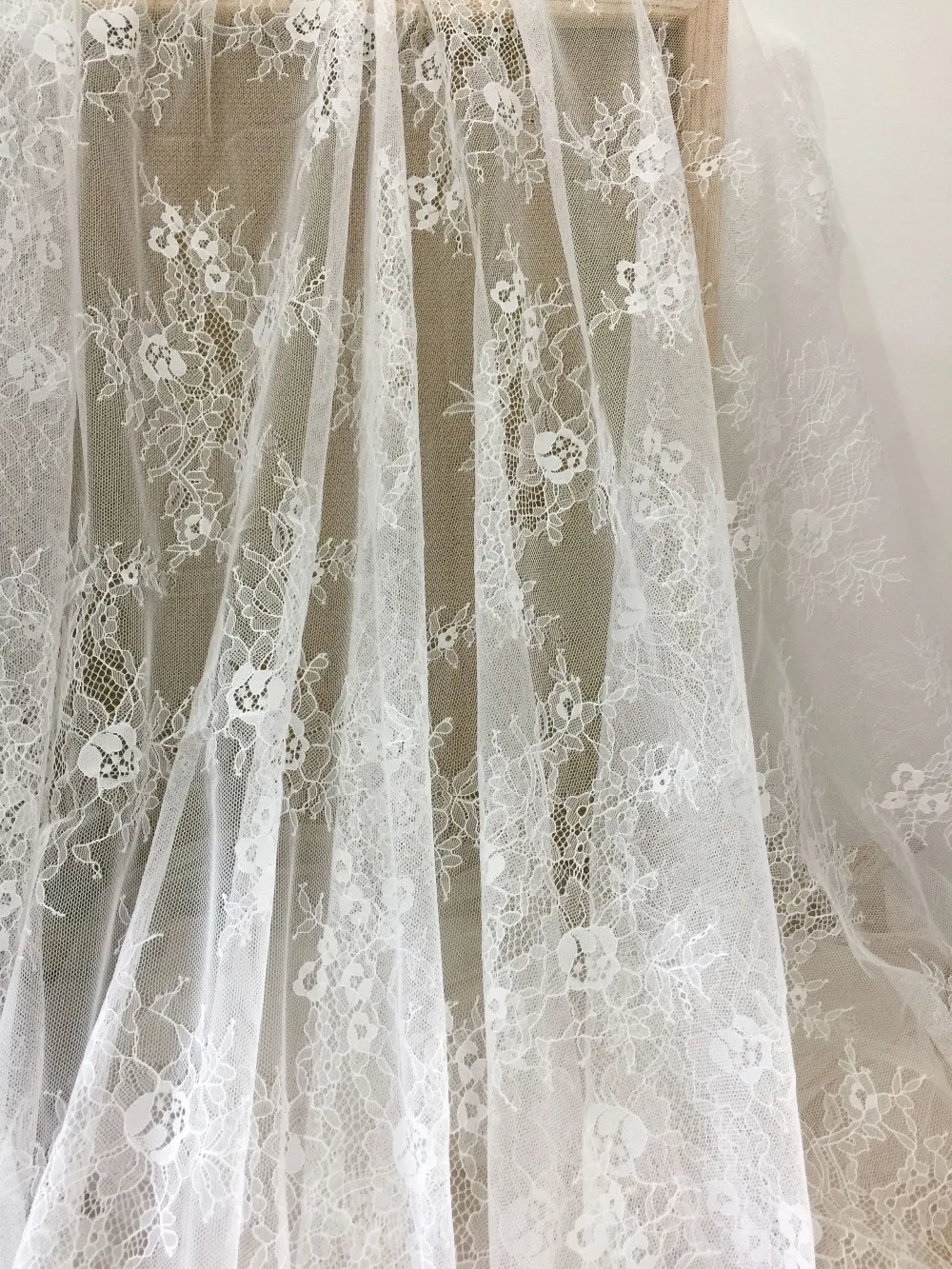 

5 Yards Exquisite Alencon Lace Fabric in Warm White, Floral Emrboidery Fabric for Wedding Gown, Lace Caps, Bridal Veils