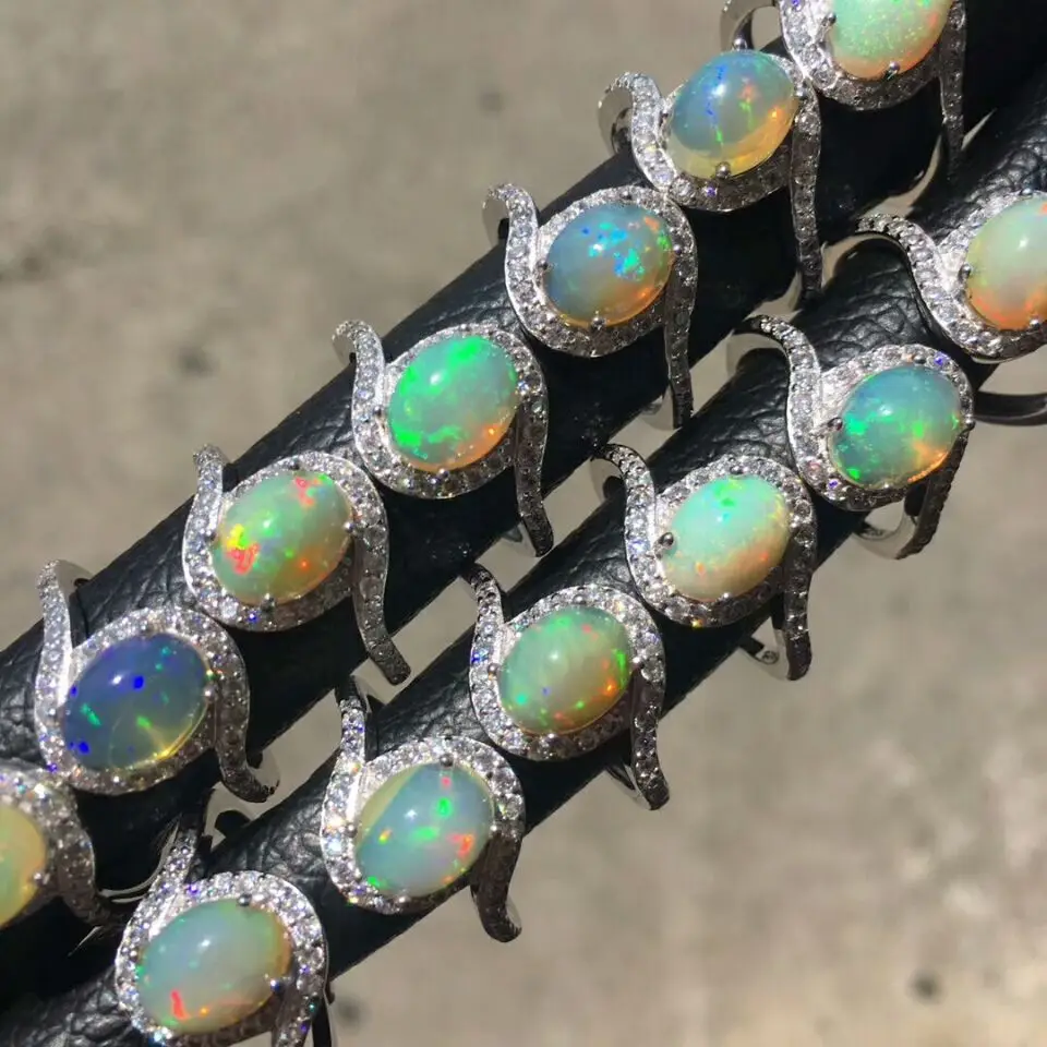 Real Natural Opal Jewelry Oval 7x9mm Multicolor Opal Ring 100% 925 Sterling Silver Wedding Rings for Women Adjustable Rings Size