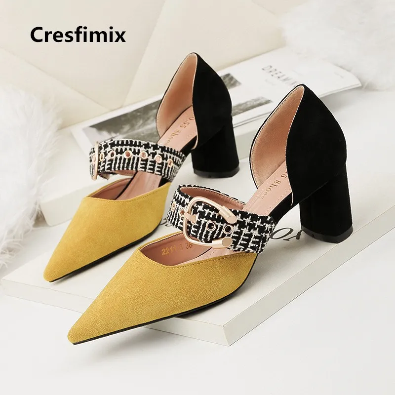 

mulheres saltos altos women cool high quality pointed toe yellow high heel pumps lady sweet comfortable buckle strap shoes e2651