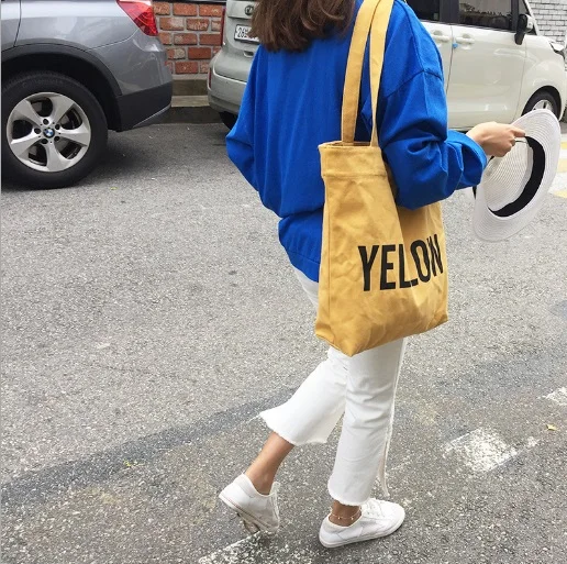 4 цвета, женские холщовые сумки, большая сумка-тоут, с буквенным принтом, хлопковые сумки для покупок, женские трендовые сумки на одно плечо, тканевые сумки - Цвет: Yellow