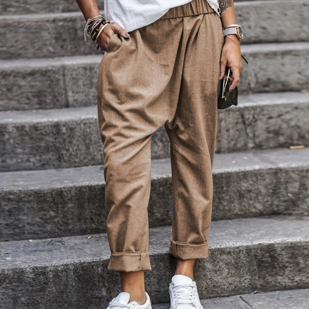 

Summer Plus Size Women's Pants Cotton Loose Women's Trousers Vintage Elastic Waist Harem Pants Solid Pockets High Waist Pants