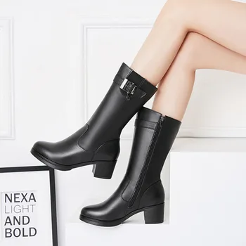 

Novelty Women'S Knight Boots Fashion Genuine Leather Boots Hard-Wearing & Non-Slip Side Zipper Women's Black Boots Female