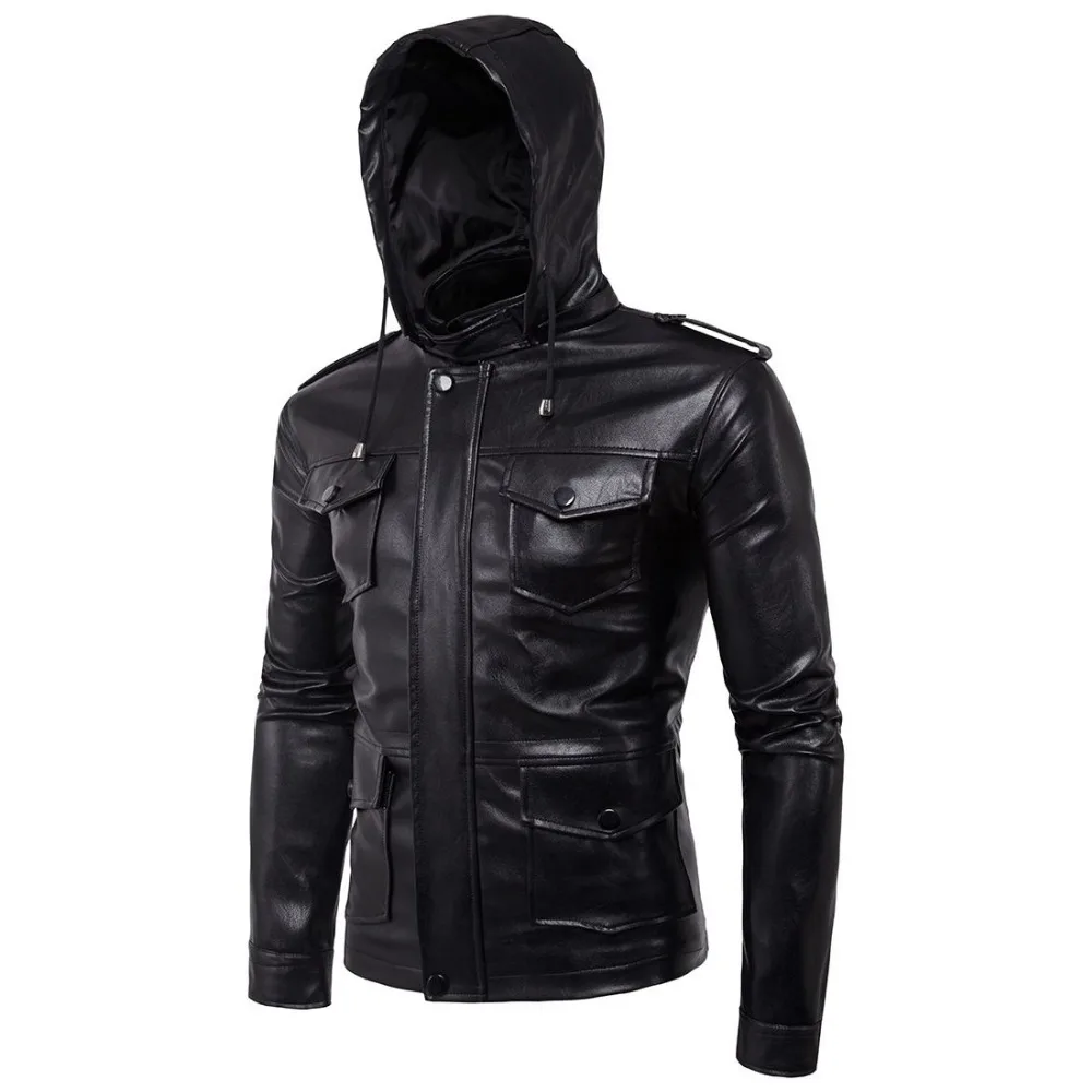 Mens faux leather Motorcycle Streetwear hoodies Hiphop skateboard Punk