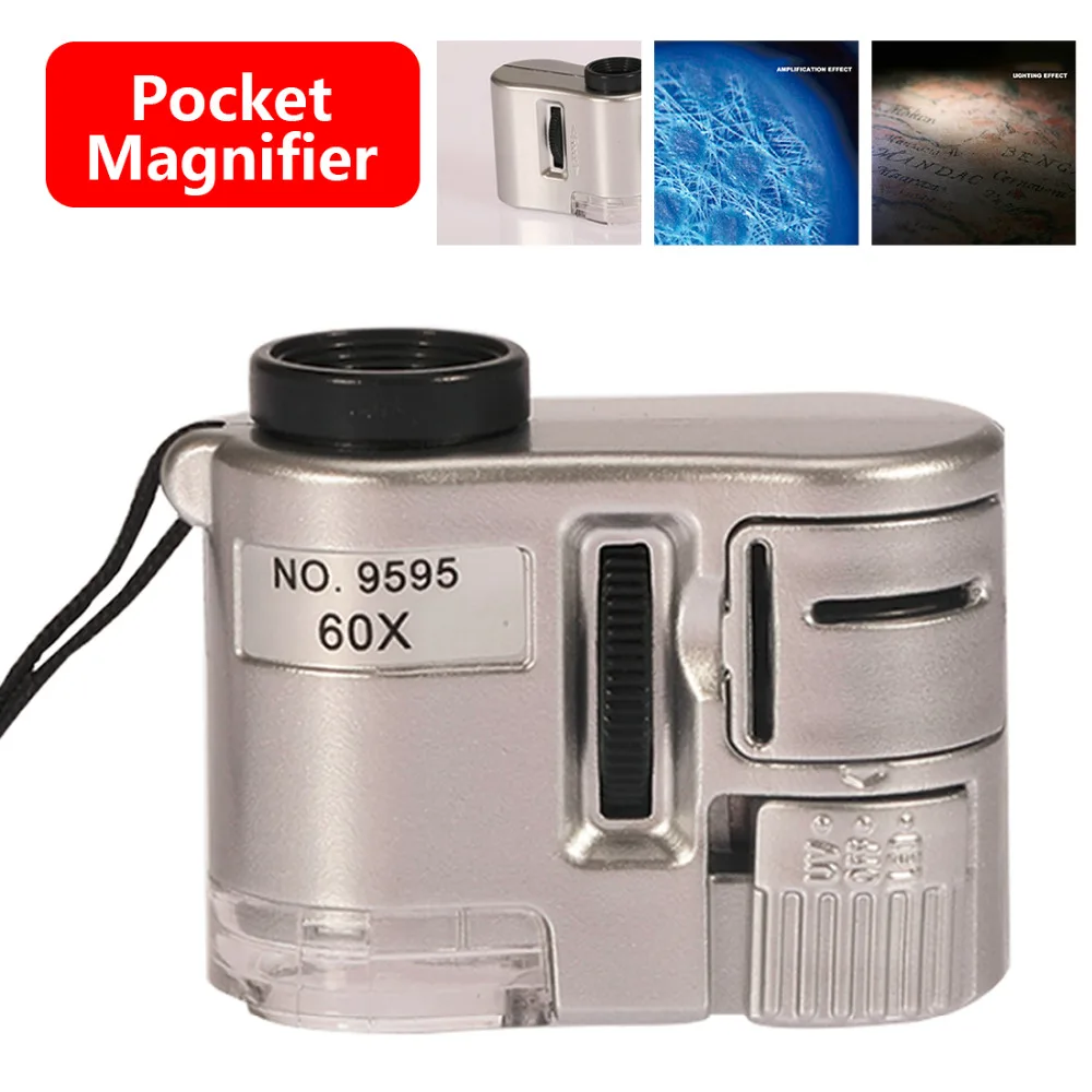 60X Mini Lens Pocket Magnifier Microscope With LED Light Jewelry