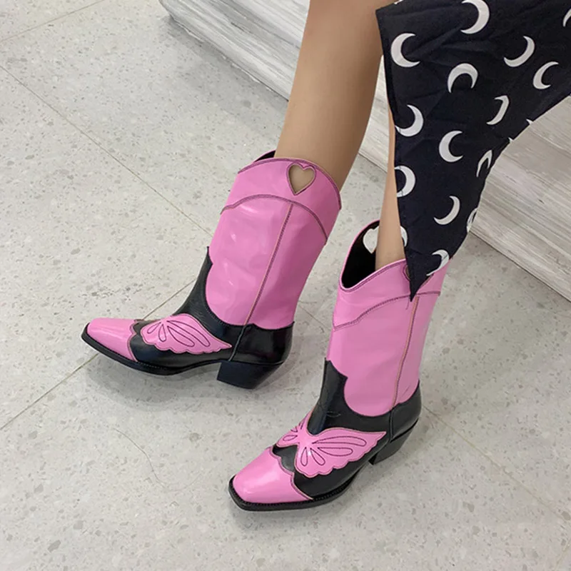 Ботильоны в стиле ретро; Цвет черный, коричневый; женские разноцветные ботинки на низком каблуке с квадратным носком и вышивкой в виде бабочки; женские ковбойские ботинки