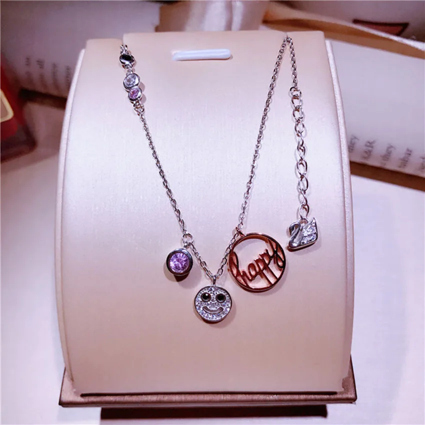 

New s925 sterling silver smiley necklace micro micro-studded zircon clavicle wild female accessories XL017