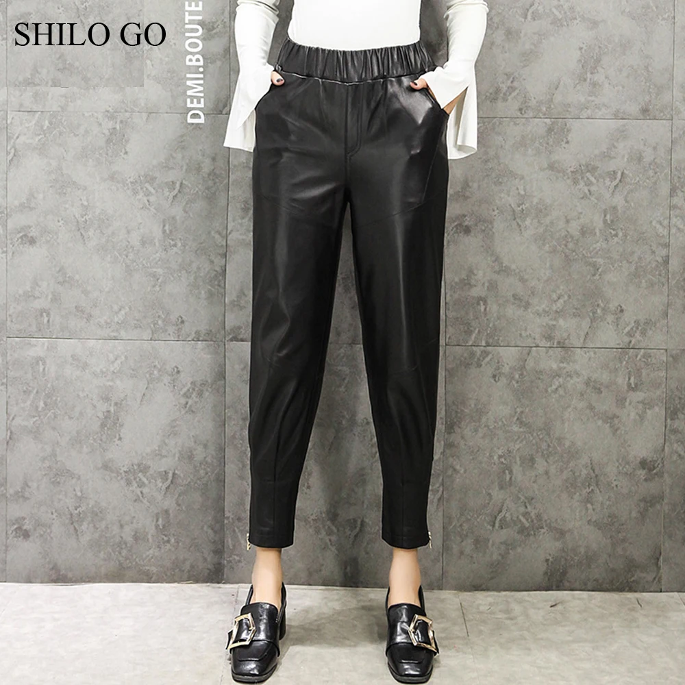 SHILO GAAN Leren Broek Womens Winter Fashion schapenvacht lederen Broek stretch taille beknopte losse zwarte harembroek SHILO GAAN Leren Broek Womens Winter Fashion schapenvacht lederen Broek stretch taille beknopte losse zwarte harembroek