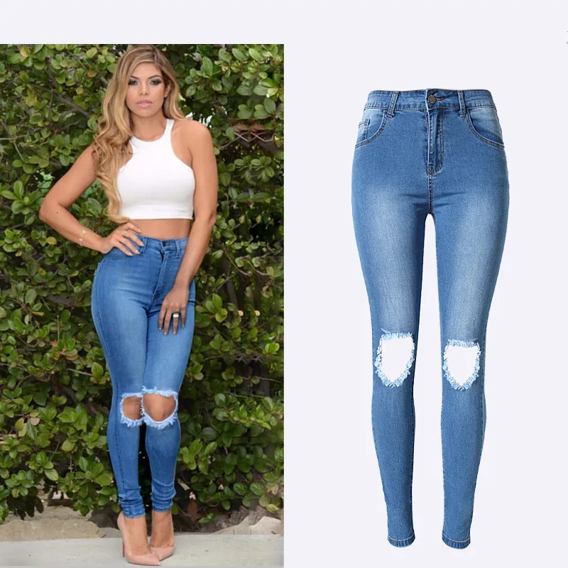 High Waist Women Jeans Knee Ripped Hole Bleached Blue Tights Pencil