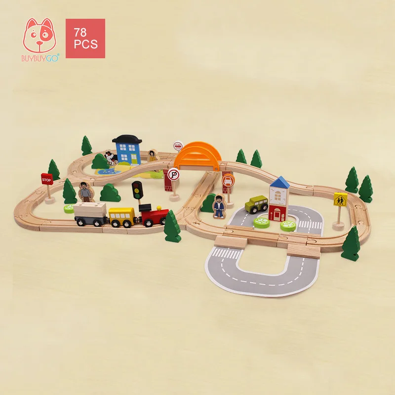 

Wooden Series 78PCS Train Track Building Block Toys Children's Educational Toys Character Scene Stitching Track Toy Set