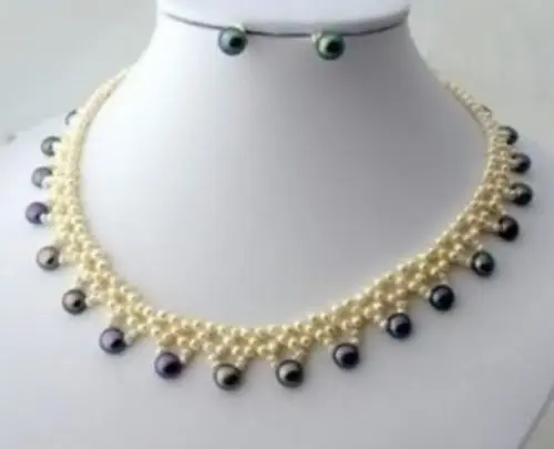 

Hot selling> charming south sea black white Knitting pearl necklace + black earring NEW -Bride jewelry free shipping