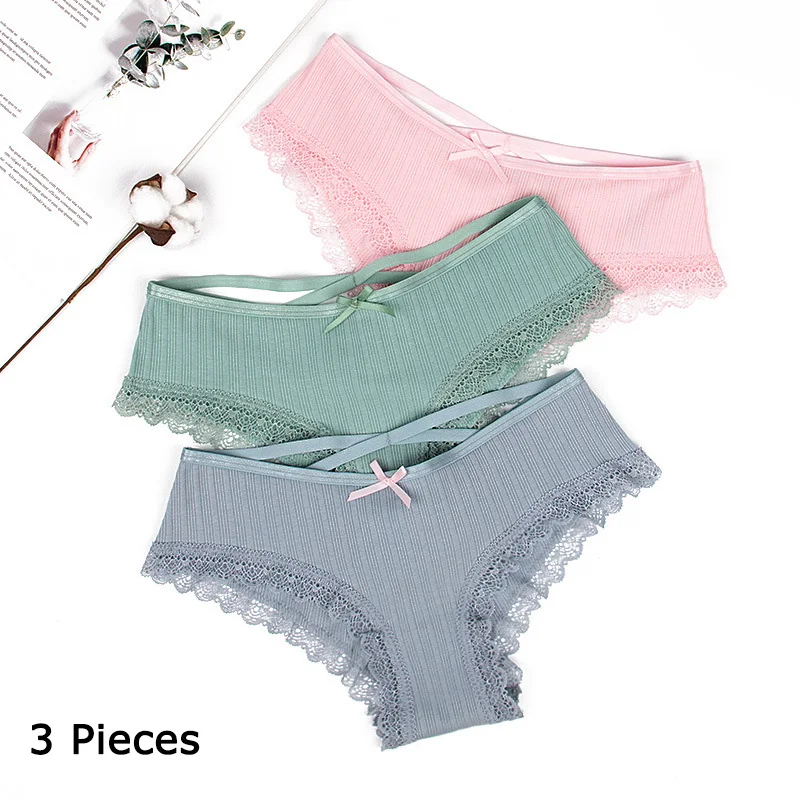 

Women Cotton Lace Panties Tangas Underwear Women Sexy Bowknot Thong Panties g Strings Low - waist Comfortable Briefs 3 Pieces