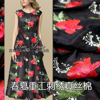 

Heavy flower embroidery silk cotton fabric fashion dress thin high-grade embroidery silk fabric wholesale cotton cloth