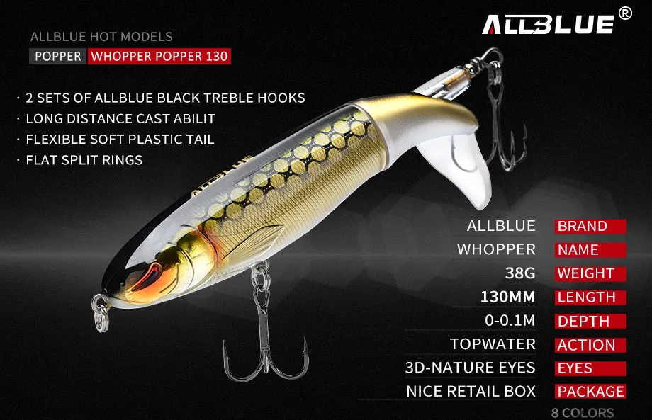 Allblue, 130 мм, 38 г, Whopper Plopper, жесткая приманка, вращающийся хвост, воблеры для рыбалки, искусственная приманка, рыболовные снасти, плавающая приманка, Pesca