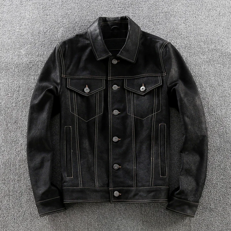

Men's fashion Gravel cowskin genuine leather jacket denim jacket style slim fit real leather coat men casual leather jacket male