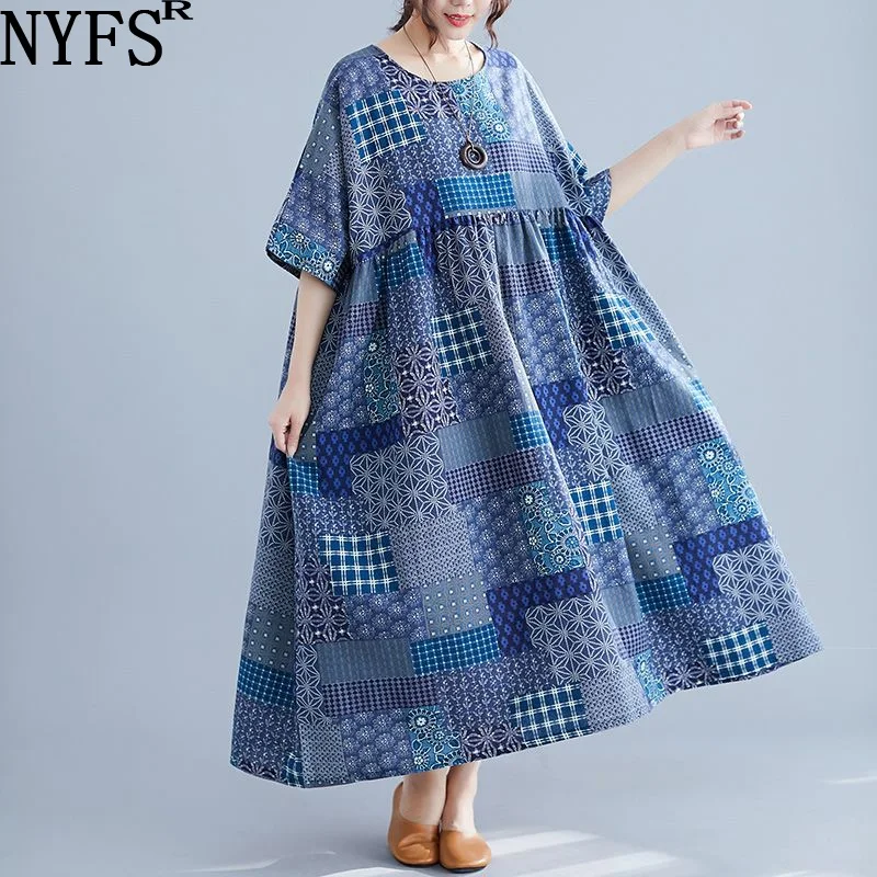 

NYFS Summer dress 2019 New Vintage loose Cotton long Dress Vestidos Robe Elbise Printing Big Hem Women dress