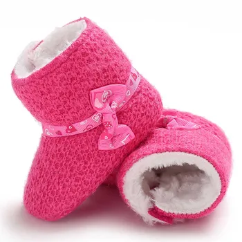 

1 Pair Baby Girls Winter Knit Fleece Baby Shoes First Walkers Boots Knot Anti-slip Toddler Princess Wedding Booties 11-13CM