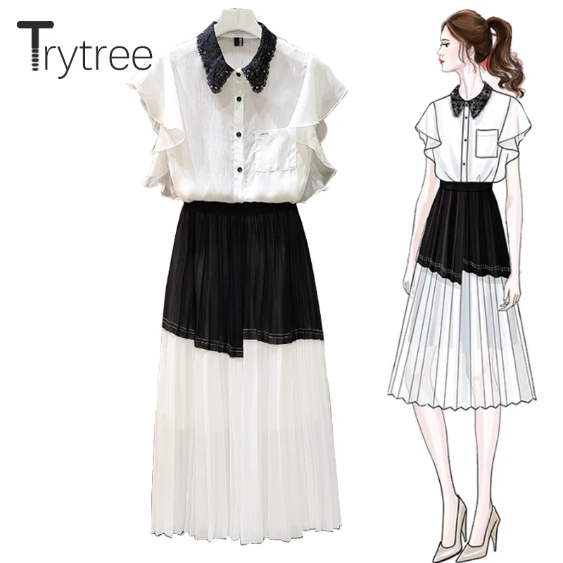 

Trytree 2019 Summer Women two piece set Lace Turn-down Collar Top + Skirt Pleated Elastic Waist Office Lady Suit Set 2 Piece Set