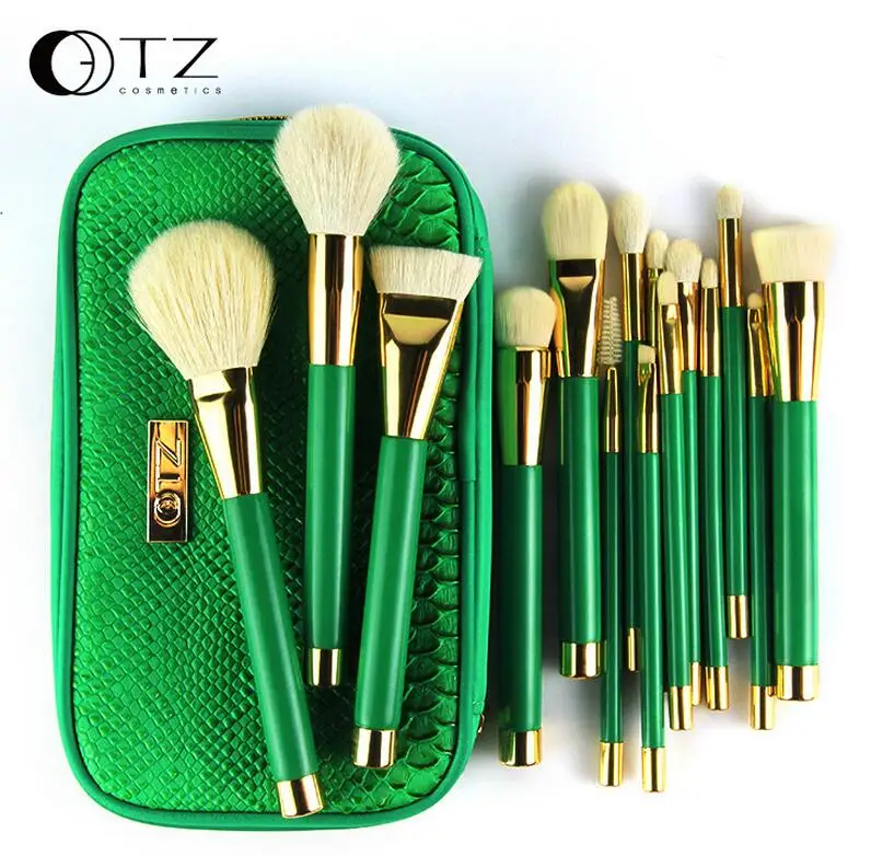 

TZ cosmetix 15pcs Makeup Brushes Goat Hair Foundation Powder Blush Eyeshadow Make Up Brushes Green Makeup Brush Set with Bag