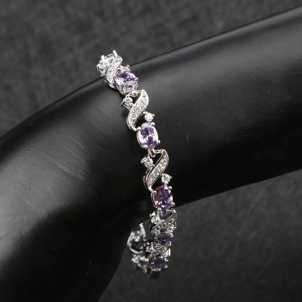 Женские серебряные Ювелирные наборы 925, AAA+ фиолетовые камни, белое CZ ожерелье, серьги, кольцо, костюм с браслетами, наборы, Ювелирная коробка