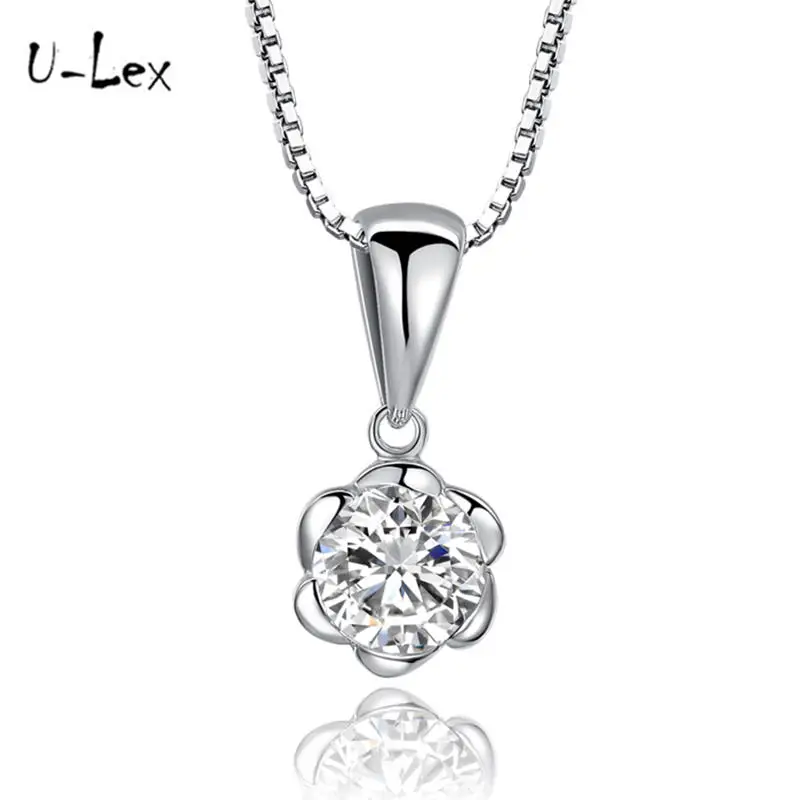 

ULEX Fashion Jewelry Silver Color Flower Shape CZ Cubic Zirconia 925 Sterling Silver Pendant Necklace for Women Wedding Jewelry
