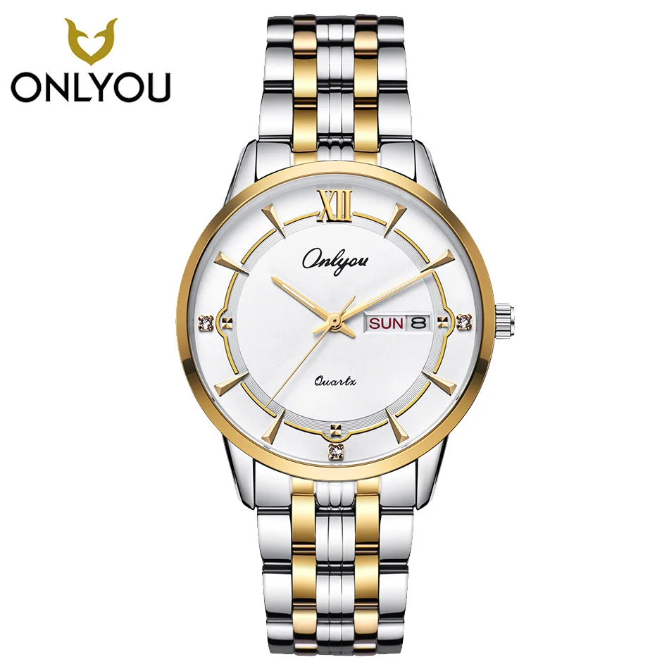 

ONLYOU Diamond Watches crystal Luxury Lover Watch Men Gold Stainless Steel Women Watches Week Display Ladies Clock reloj mujer