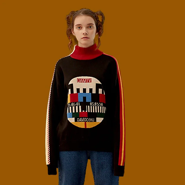 Осенний женский винтажный черный Свитер хлопковый трикотажный пуловер трикотажные топы геометрические плотные теплые свитера зимняя водолазка