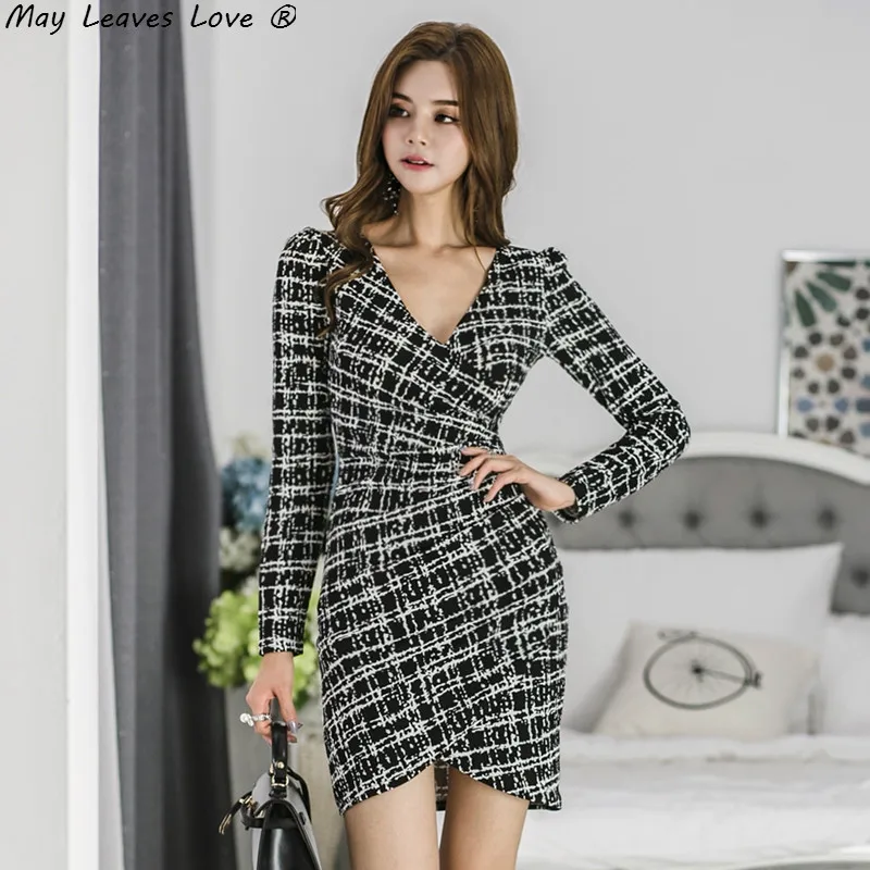 

May Leaves Love OL Elegant Long Sleeve V-neck Irrgelar Hem Plaid Bodycon Dress Women Sexy Office Lady Slim Party Dress Vestidos