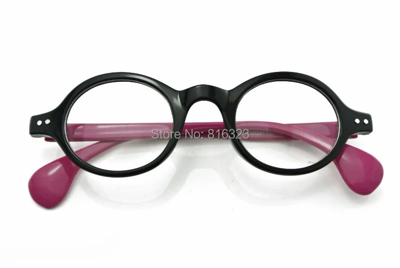 

Man Women Vintage Round Eyeglass Frame Black Frame+Pink Tempe Clear Lens Optical
