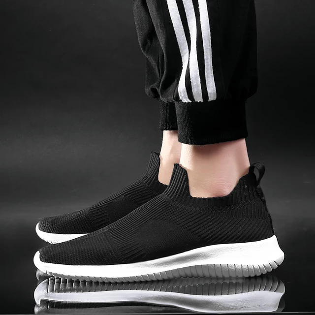 Solid White Fashion Knitting Casual Shoes Men Super Light Breathable Stretch Socks Sneakers Slip On Tenis Masculino Black 3