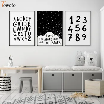

Cartoon Canvas Painting Black and White Poster Alphabet Print Scandinavian Boy Nursery Wall Art Kids Room Decoration Pictures